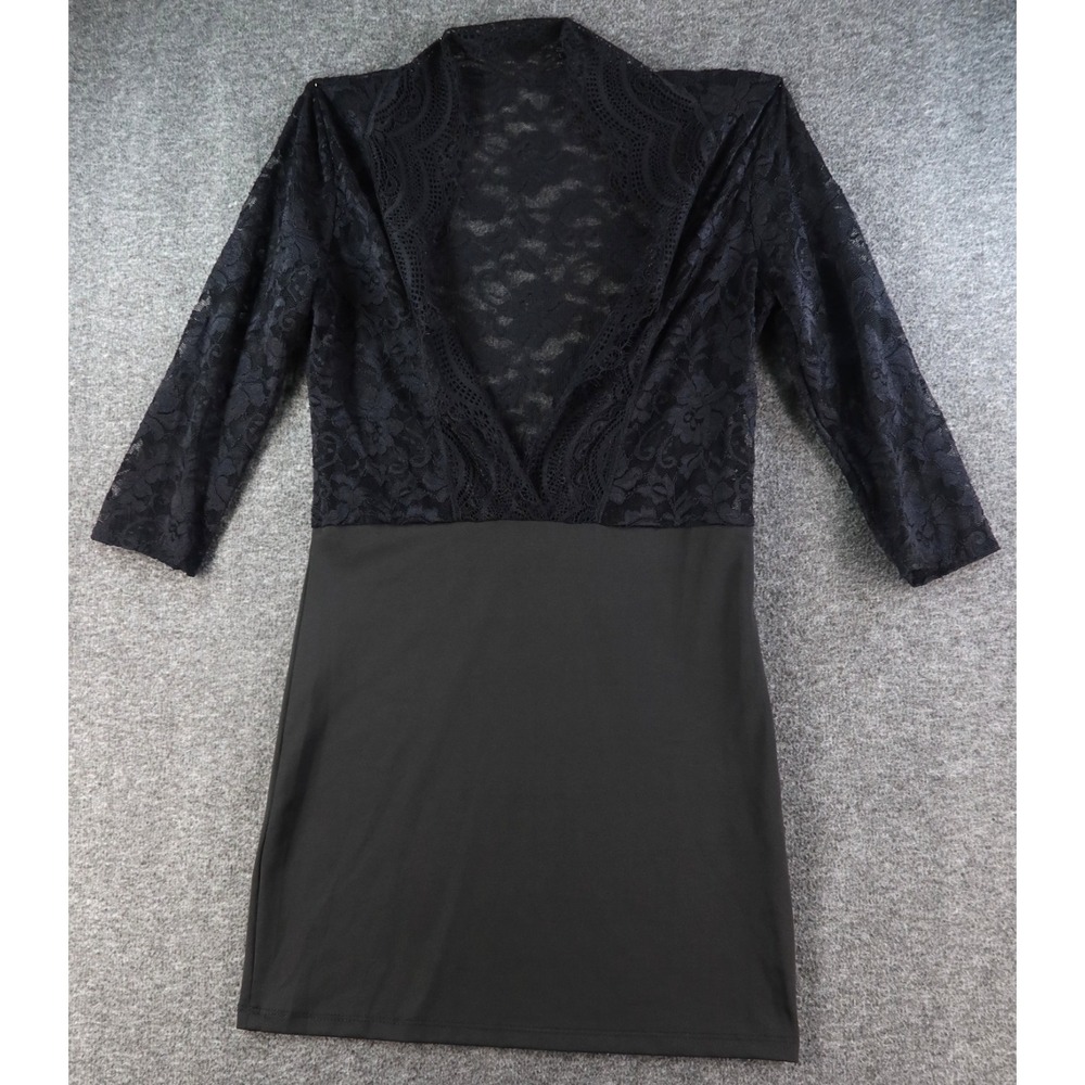 SHEIN Curve M Black Lace Deep V Mini Dress 3/4 Sleeve Stretch Bodycon